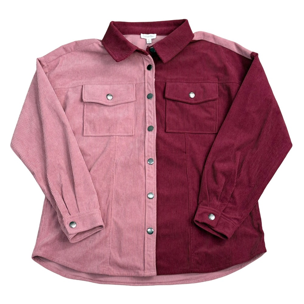 Cotton Bleu Colorblock Corduroy Shirt Women Size S Pink Burgundy Chic